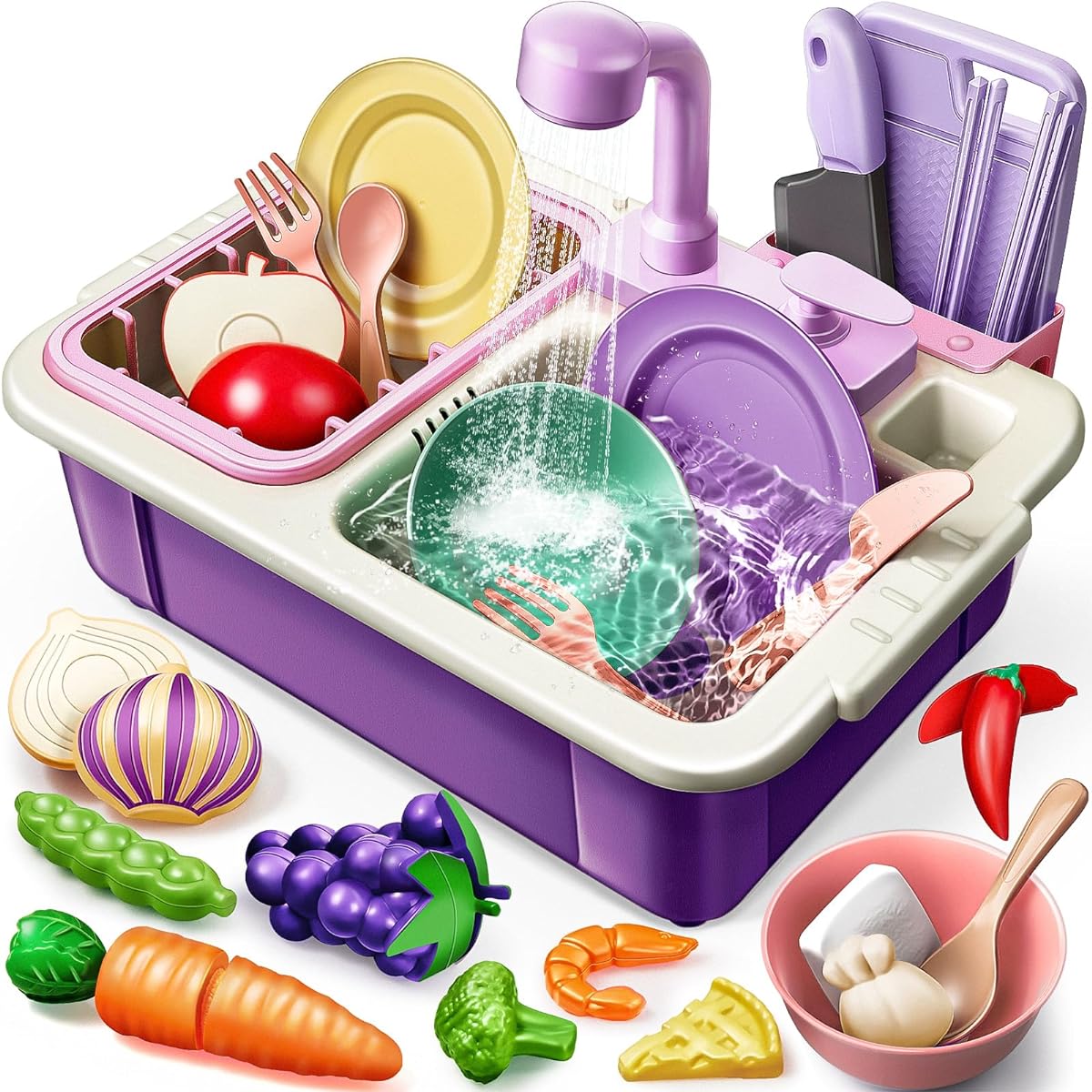 Geyiie Toddler Water Table, Play Sink with Running Water, Upgraded Real Faucet, Dish Rack & Play Cutting Food, Kids Kitchen Sink Toy Gift for Ages 3, 4, 5, 6