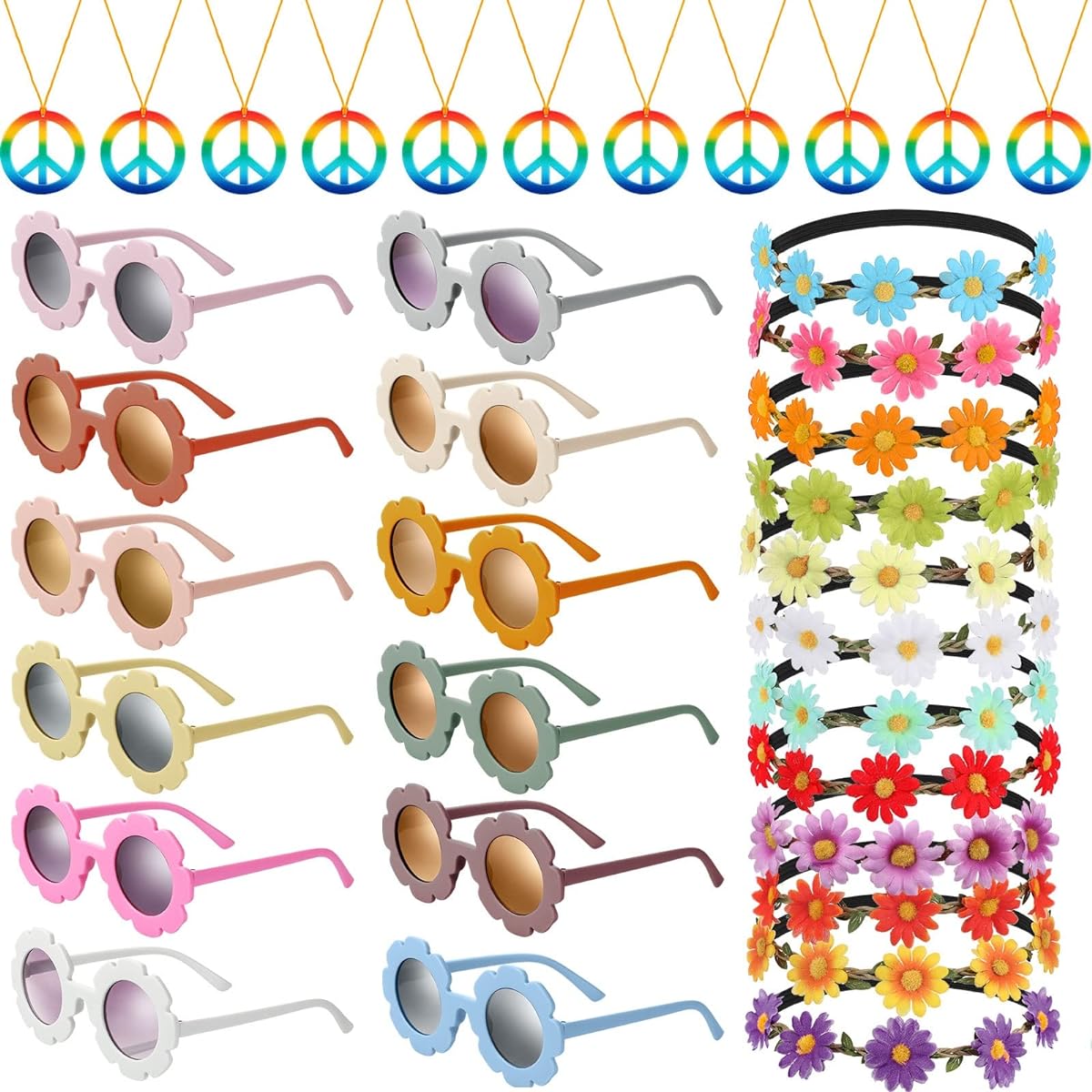 Groovy Retro Party Favor Accessories 36 Pieces Round Flower Sunglasses 12 Pieces Retro Daisy Headband Crown 12 Pieces Hippie Peace Sign Necklace Groovy Party Decorations for 60's 70's Hippie Party