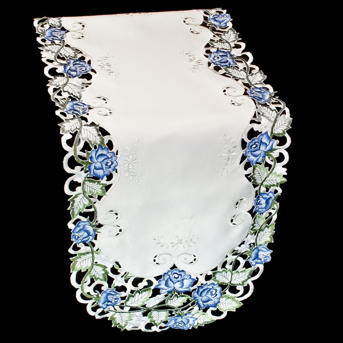 Table Runner Embroidered with Victorian Blue Roses on Ivory Fabric, Size 44 x 15 inches