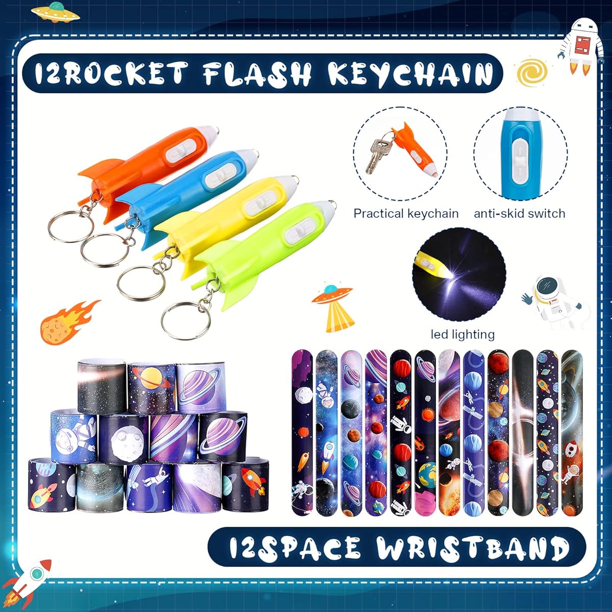 122pcs Space Themed Party Supplies Outer Space Party Favors Space Bouncy Balls Slap Bracelets Stickers Rocket Flashlight Keychain Erasers Organza Bags Classroom Prizes Birthday Carnival Gifts