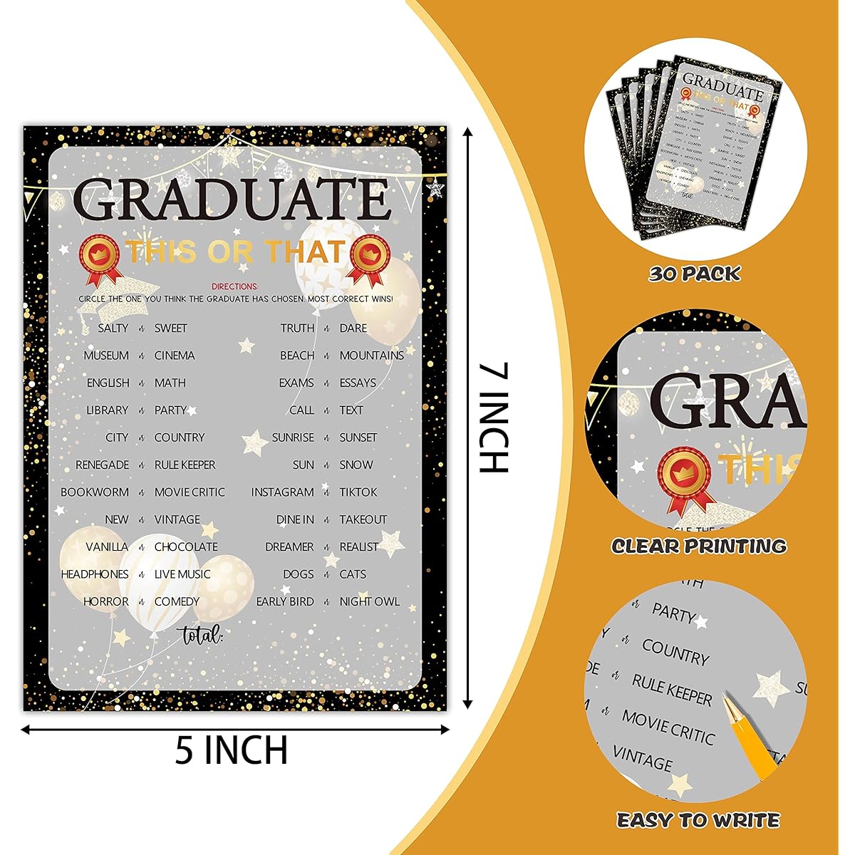 Graduation Party Games - Graduation Game Cards - Graduation Party Decorations 2022 - Gold & Black Graduation Party Supplies for High School/College - 30 Game Cards (F02)