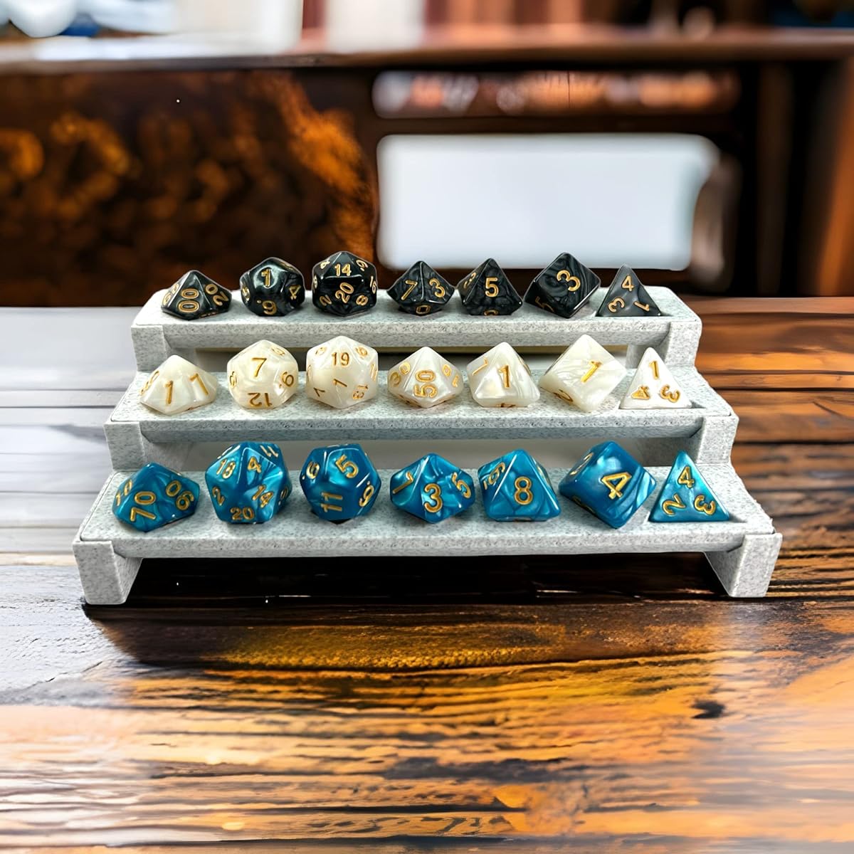 DND Dice Display Stand 3 Tier Stone Color Dice Rack Gift 5 Seconds Assembly Removable D&D Dice Tray Shelf Holds 3 Sets of Polyhedral Dice Tabletop RPG Display Dice Shelf (Dice Not Included)