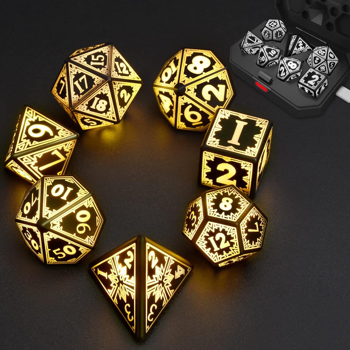 EXCECAR Rechargeable DND Dice Set, Light Up Dice, Glowing LED Dice, 7 Electronic Dice, D&D Polyhedral Dice Set for RPG Role Playing Table Games