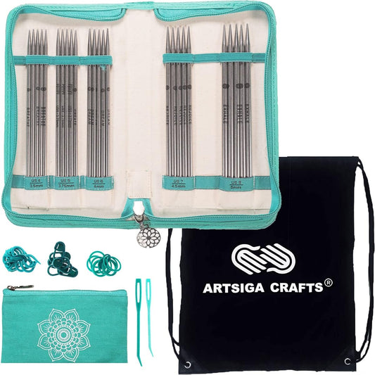 Knitter's Pride Mindful Compassion 6" 5 Set Large DPN Double Point Lace Knitting Needles Set Size US 4 5 6 7 8 Stainless Steel 1 Gauge Bundle Artsiga Crafts Project Bag 250308