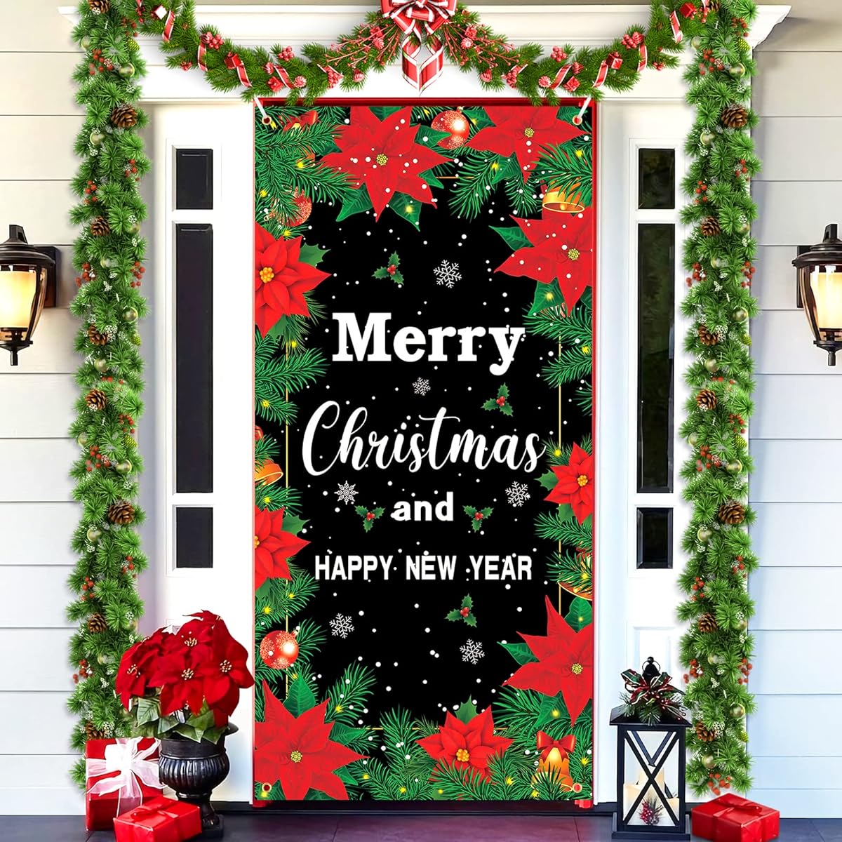 Christmas Poinsettia Flower Door Cover Decoration Merry Christmas Happy New Year Door Banner for Christmas New Year Front Door