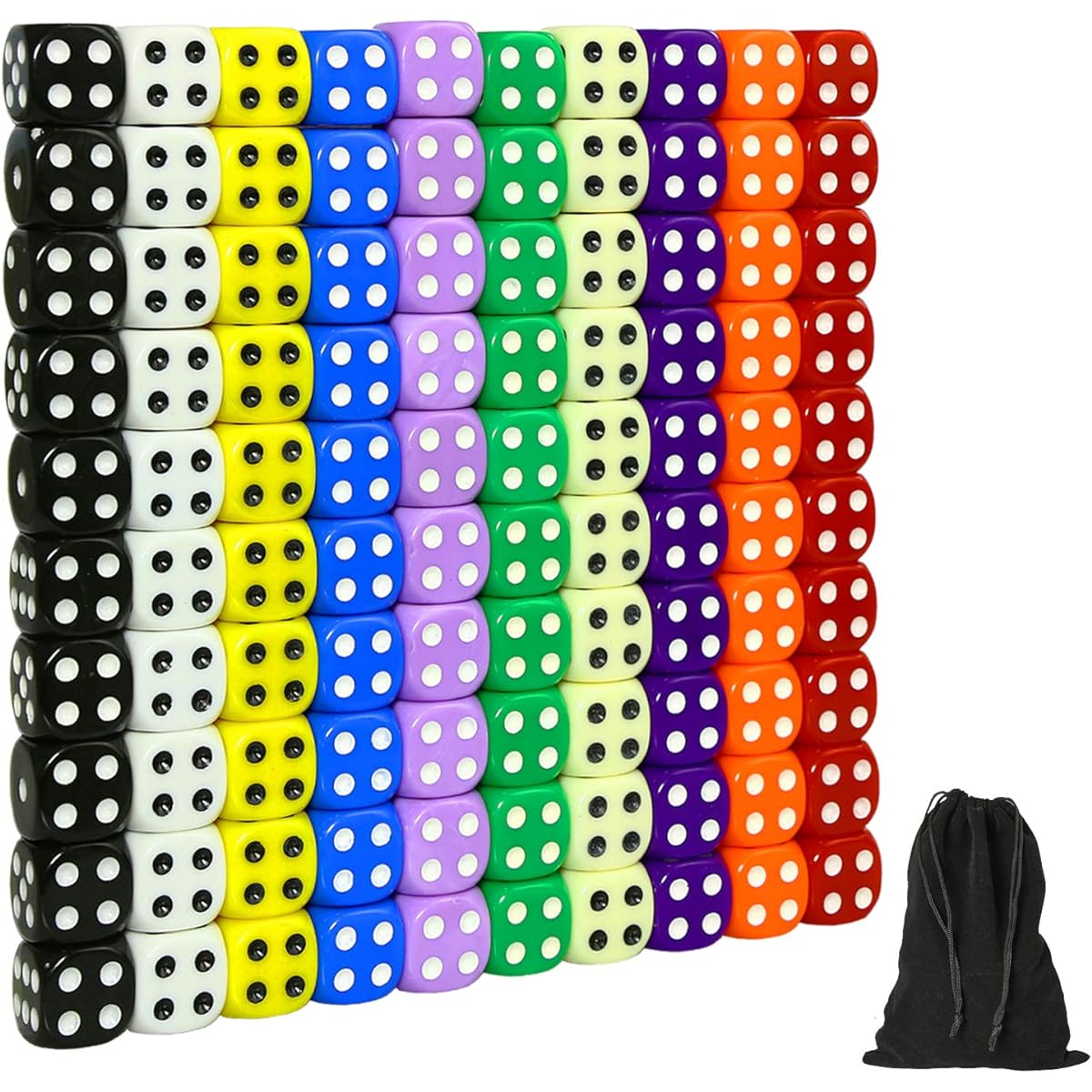 SUNMON 100pcs Multicolor Dice Set - 16mm 10 Colors, 10 Each D6 Standard Dice with Extra Carry Bag, Perfect for Board & Dice Games and Other Casino Games