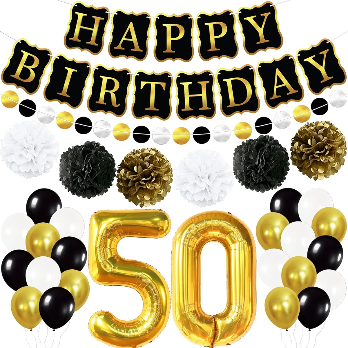 Gold Black 50th Birthday Decorations Kit - Happy Birthday Banner for 50th Birthday Party Decorations