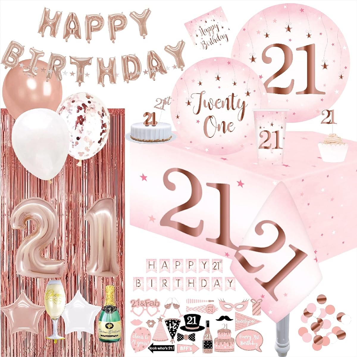 day Party Supplies Rose Gold Foil Theme 9" Dinner Paper Plates 7" Dessert Paper Plates 12oz Cups 60 Napkins Balloons Banners Fringe Curtains Candles Confetti Cups Cake Topper Cake Topper Photo Props 21st Birthday Perfect for party celebration decorations
