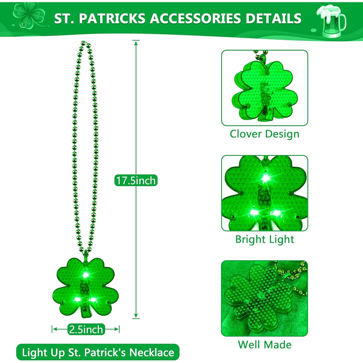 EOBOH St. Patrick Clover Light Up Necklace Set of 6