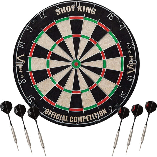 Viper Stadium Cabinet & Shot King Sisal/Bristle Dart Board, Ready to Play Bundle, 2 Sets of Steel Tip Darts, Throw Line, Dry Erase Scoreboard, Walnut Finish