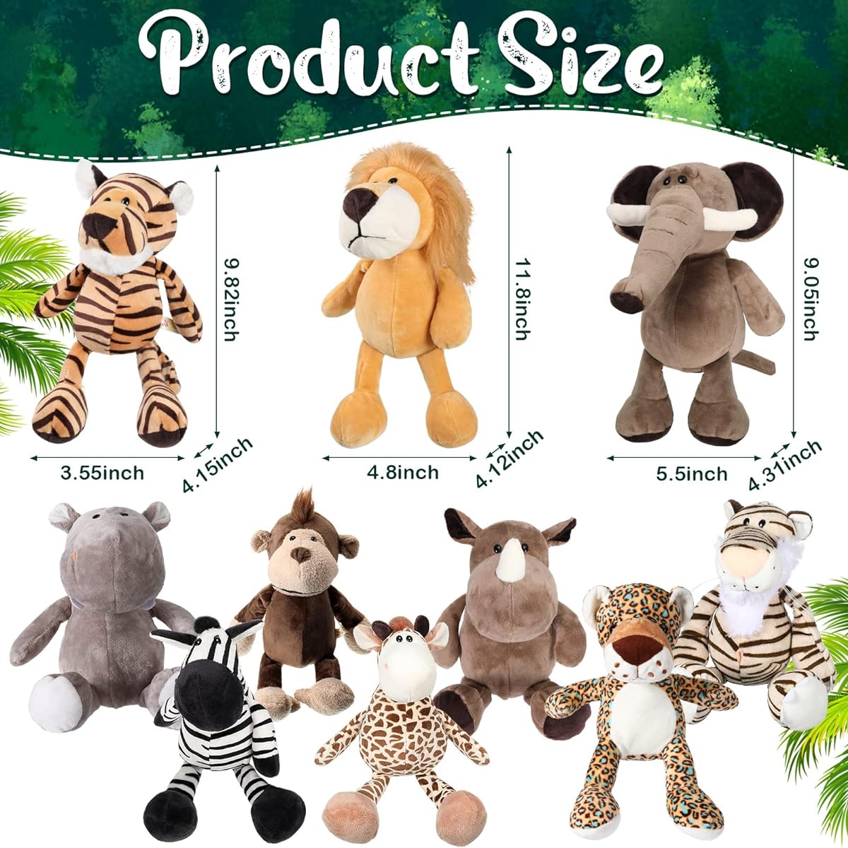 Foilswirl Safari Forest Plush Jungle Theme Animal Toys Gifts with Elephant, Giraffe, Lion, Tiger, Monkey, Rhino, Zebra, Tiger, Leopard, Hippo, Christmas, Baby Shower Party Favors 30pcs