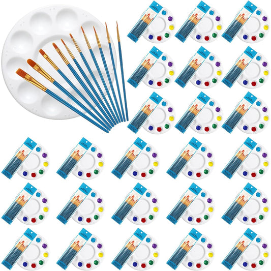 264 Pieces Brush Palette Set with 240 Nylon Hair Paint Brushes and 24 Round Paint Tray Palettes for Acrylic Painting on Canvas DIY Crafts for Kids and Adults