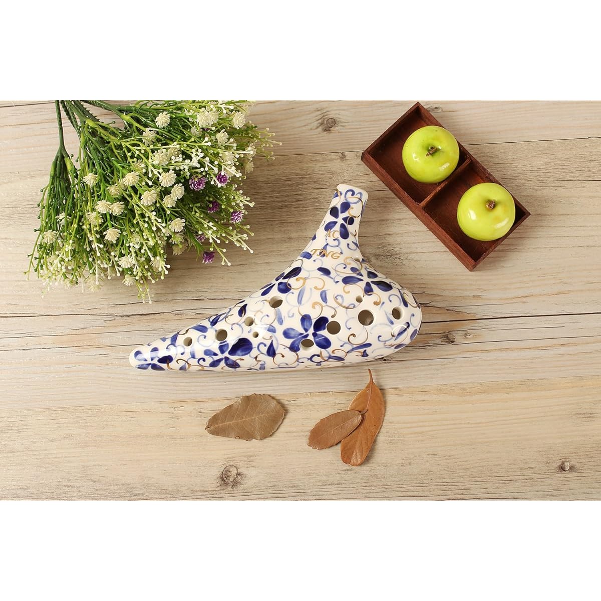 TNG Ocarina Musical Instrument [Alto/C Key/AC / 12 Holes / White & Blue] High-grade Single Ocarina Tube Play Glazed Finish Blue and White Porcelain