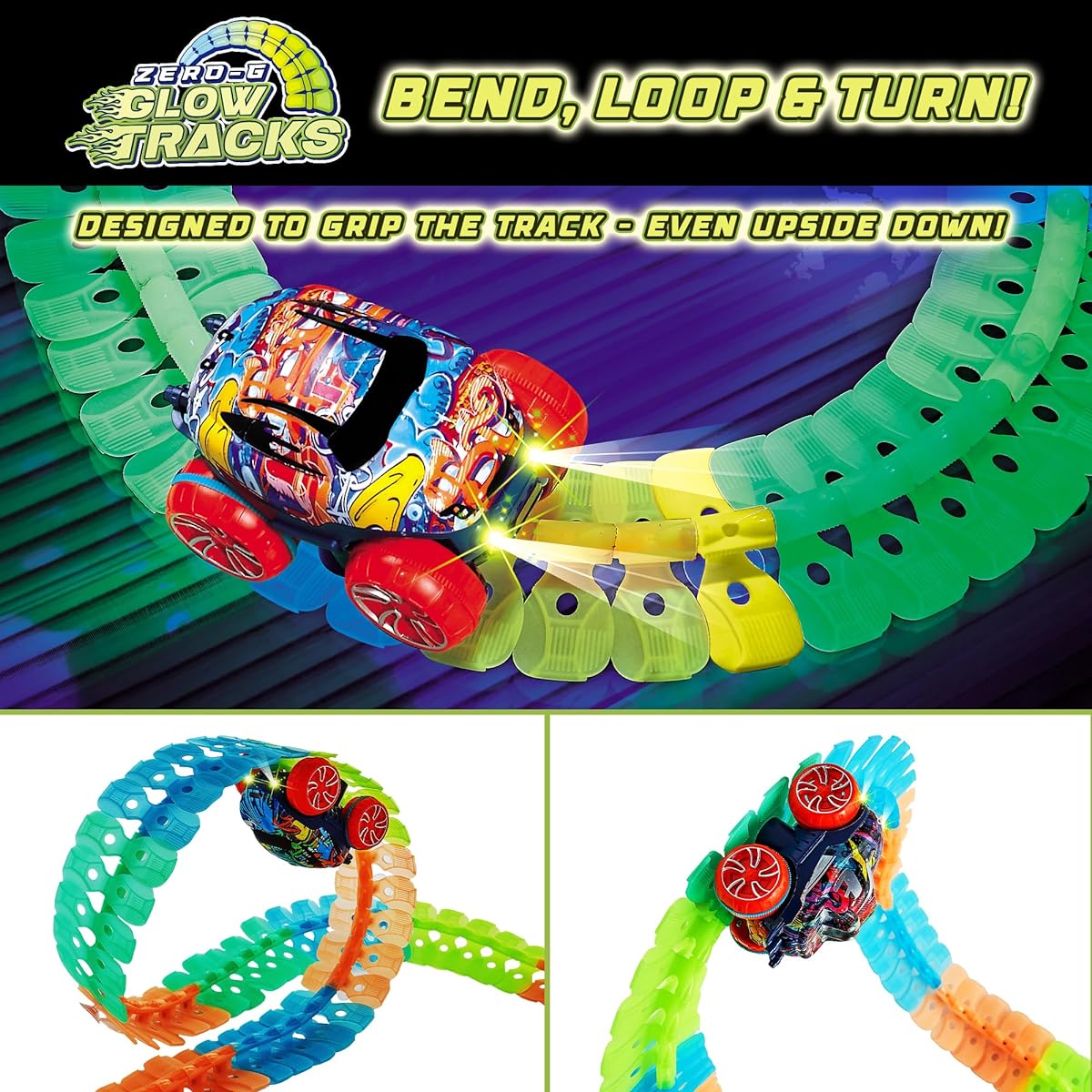 USA Toyz Zero-G Glow Race Track for Kids - Glow in the Dark Flexible Race Car Track Set with Suction Cups, Slot Cars, 2 Graffiti Toy Car Shells, STEM Toys, LED Car Track for Boys and Girls, Ages 3+