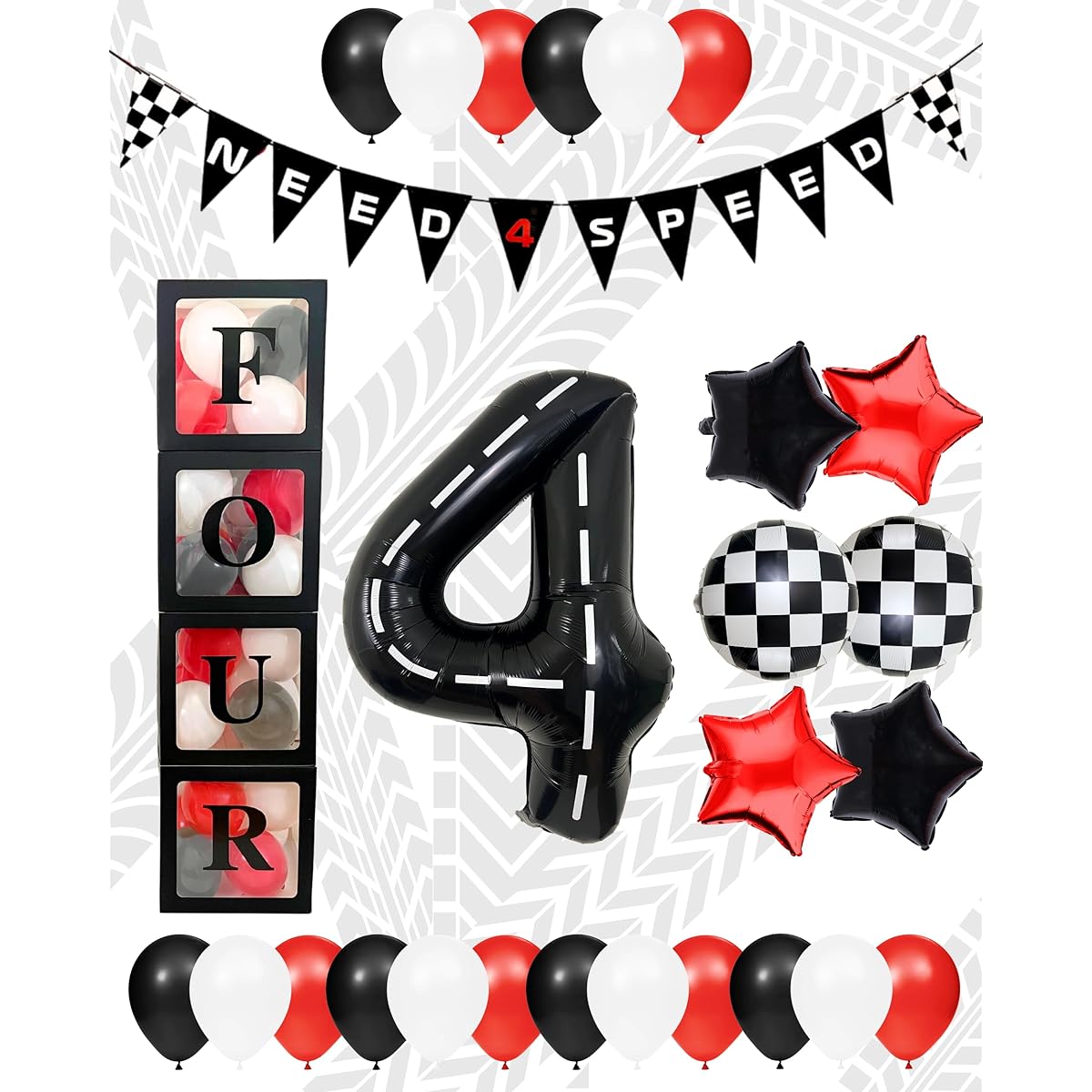 Race Car Theme Birthday Party Decorations - Toddler Banner Black Letter Balloon Box Foil Check Star Balloons & Tire Numbers Boys Theme Decor Supplies Set Pack Bundle (4th- Need4Speed Set)