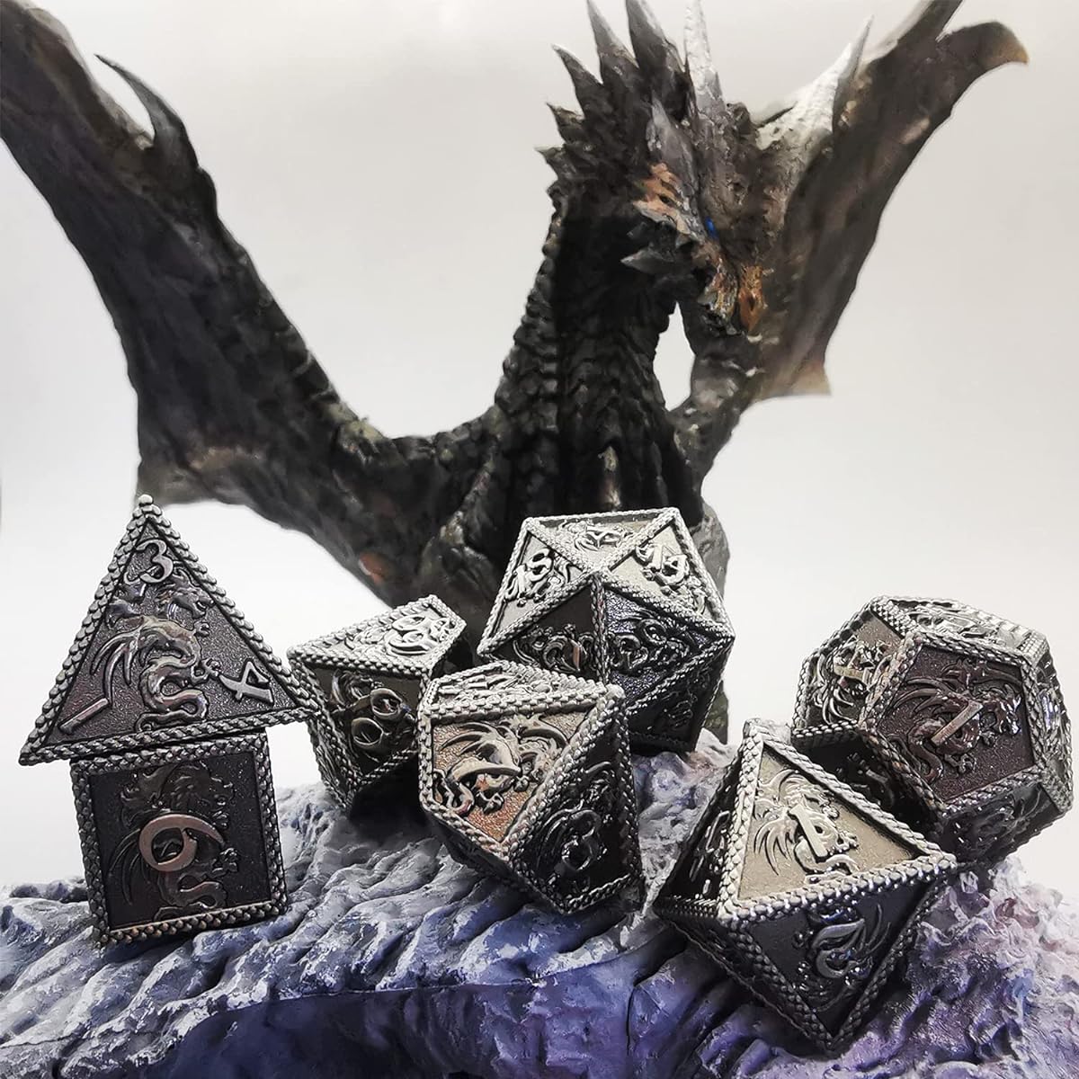 MJDICEOK DND Metal Dice Dragon Set Role Playing Dice D&D Solid Dice Dungeons & Dragons Ancient Silver