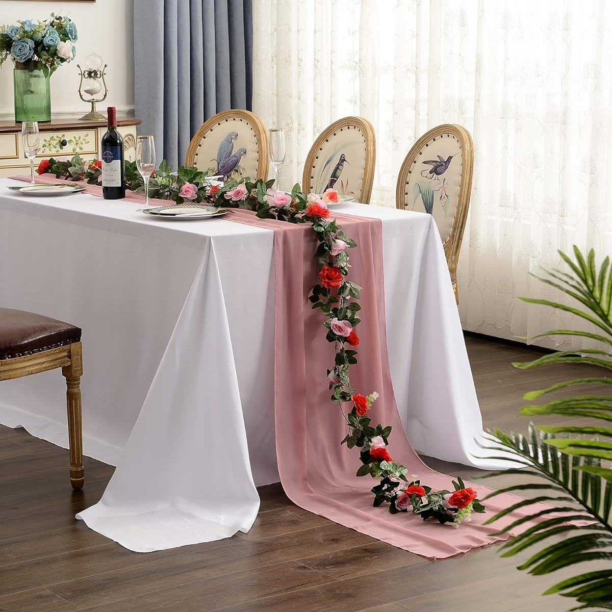 Touiyu Blush Pink Chiffon Table Runner 27x120 Inch Sheer Scarf Chiffon Swag Table Runner for Wedding Reception Bridal Shower Birthday Party Decorations