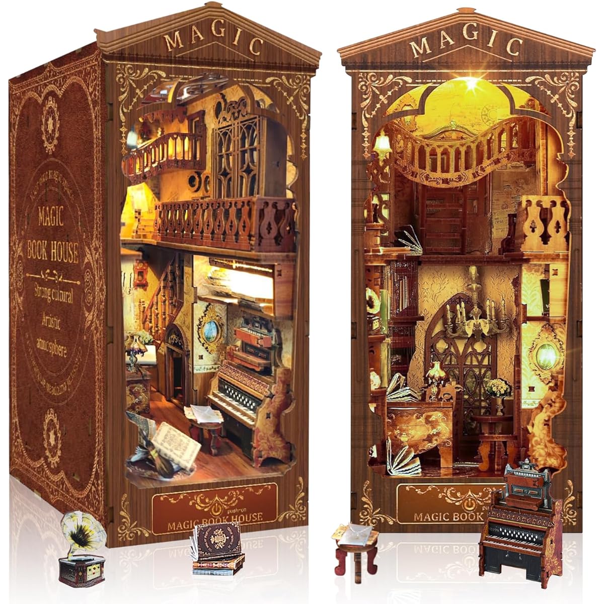 Quanquer DIY Book Nook Kit: 3D Puzzle with Furniture and LED DIY Miniature House Kit Bookshelf Decor Wooden Dollhouse Creativity Adult Birthday Christmas Valentine's Day Gift (Magic Library)