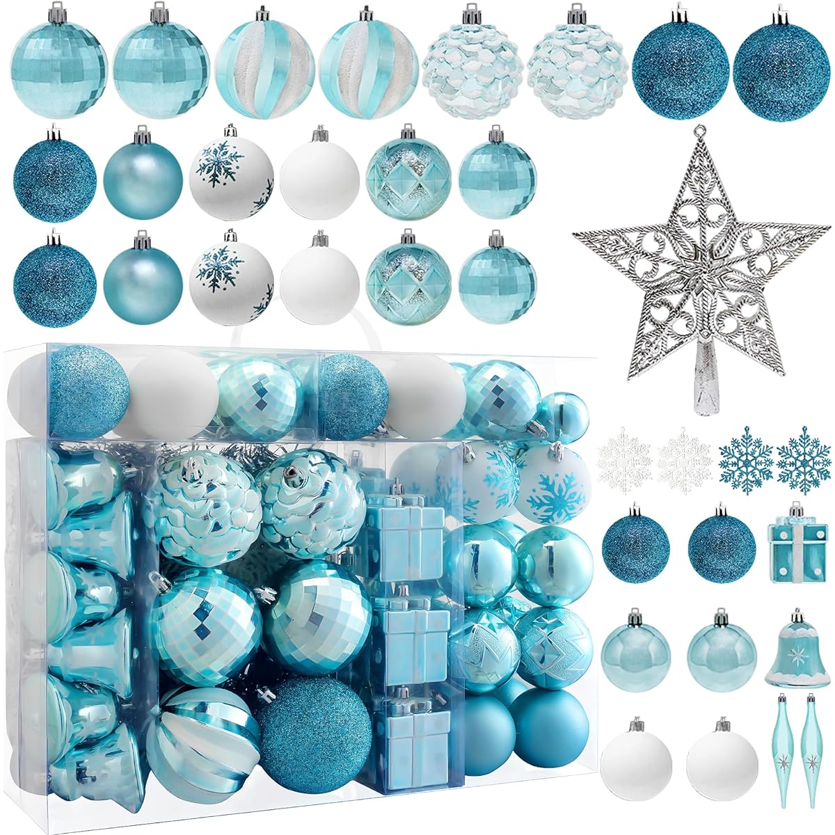 Joiedomi Christmas Ornaments, 71pcs Blue and White with Silver Star Tree Toppers, Shatterproof Christmas Ornaments for Holiday Party Decorations, Tree Ornaments for Events, Christmas