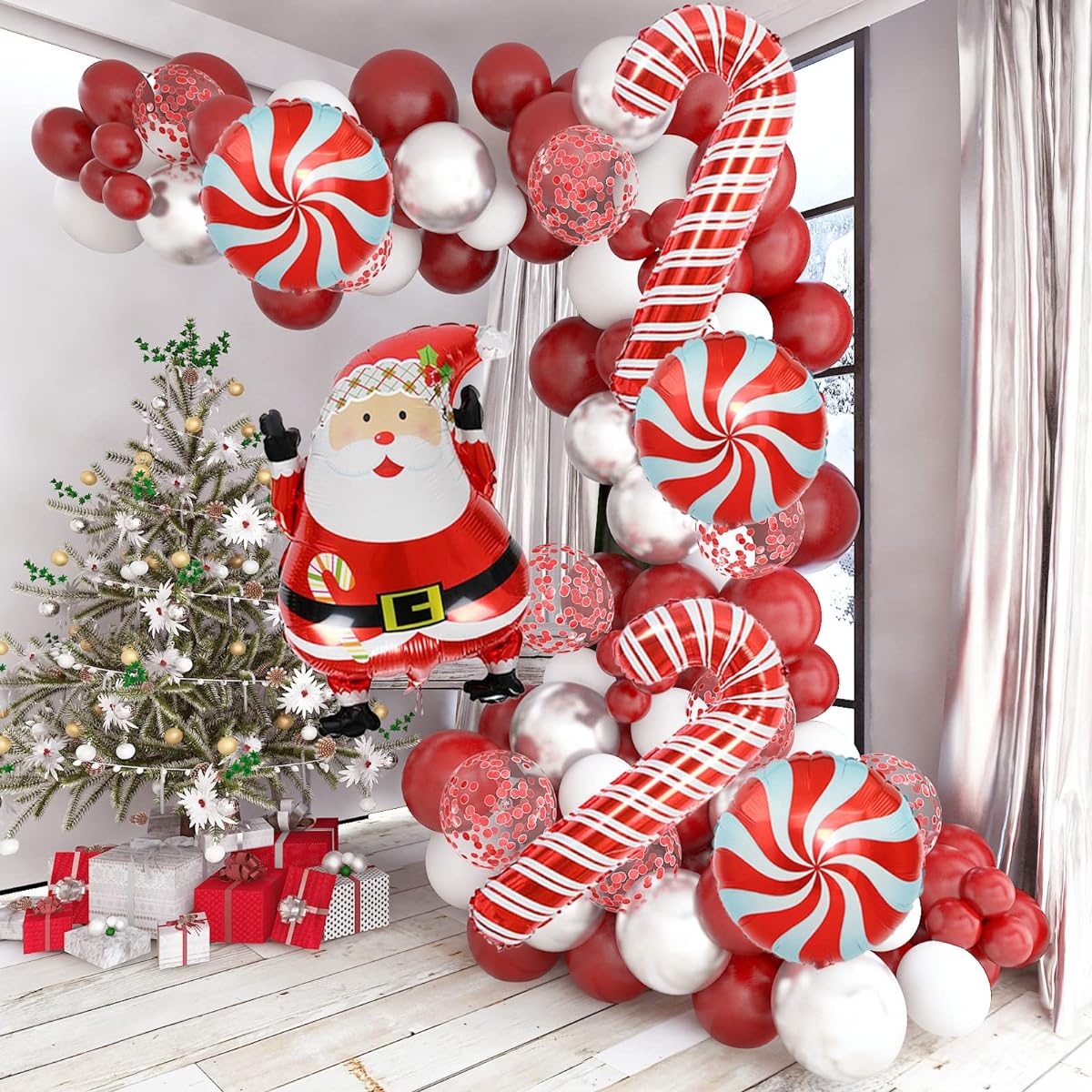 Soonlyn 135 Pack Christmas Balloon Garland Arch, Christmas Decorations with Candy Cane Balloons, Red, White, Silver, Chrome, Latex, Peppermint Balloons Garland Kit for Merry Christmas Party