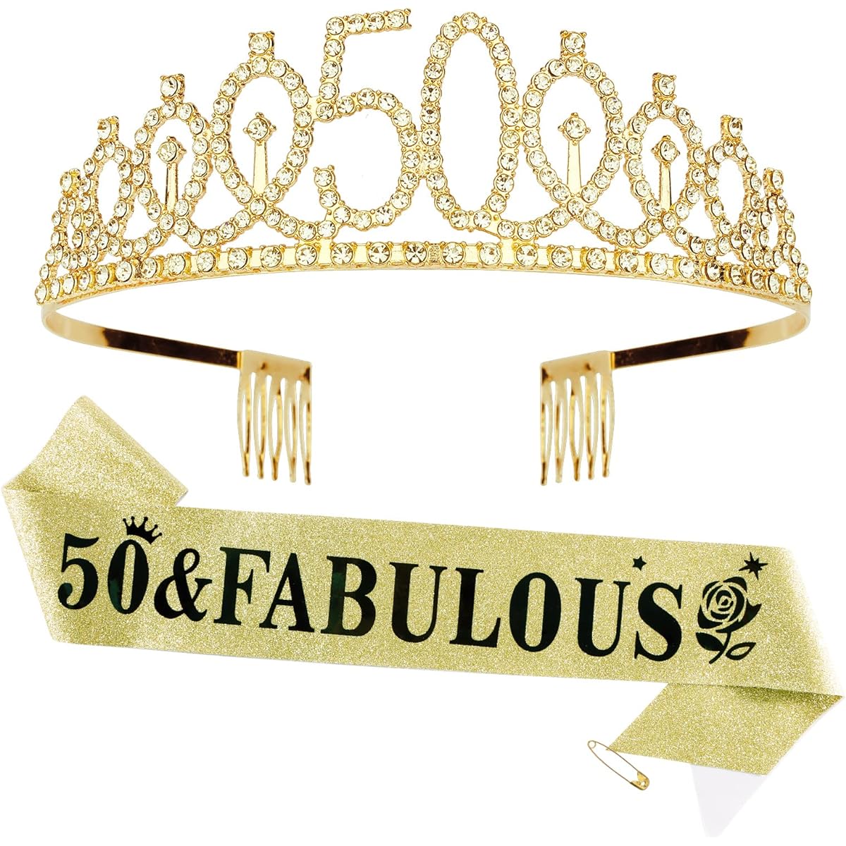 CAVETEE Gold 50 & Fabulous Birthday Crown and Sash for Women 50th Birthday Tiara Sash Set for Women 50th Birthday Decorations for Women 50th Birthday Queen Crown Tiara for Women