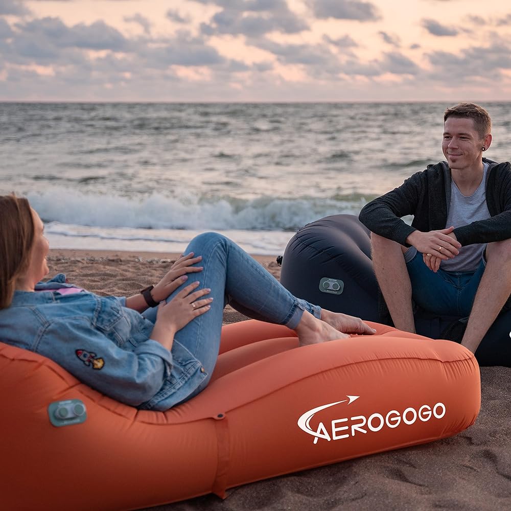 Air Sofa Air Mat Outdoor Sofa Beach Bed Length 180 x Width 70 x Thickness 50 cm Air bed that automatically inflates with one touch Camping mat with USB charging port Disaster prevention goods GS1 (Bitter Orange)