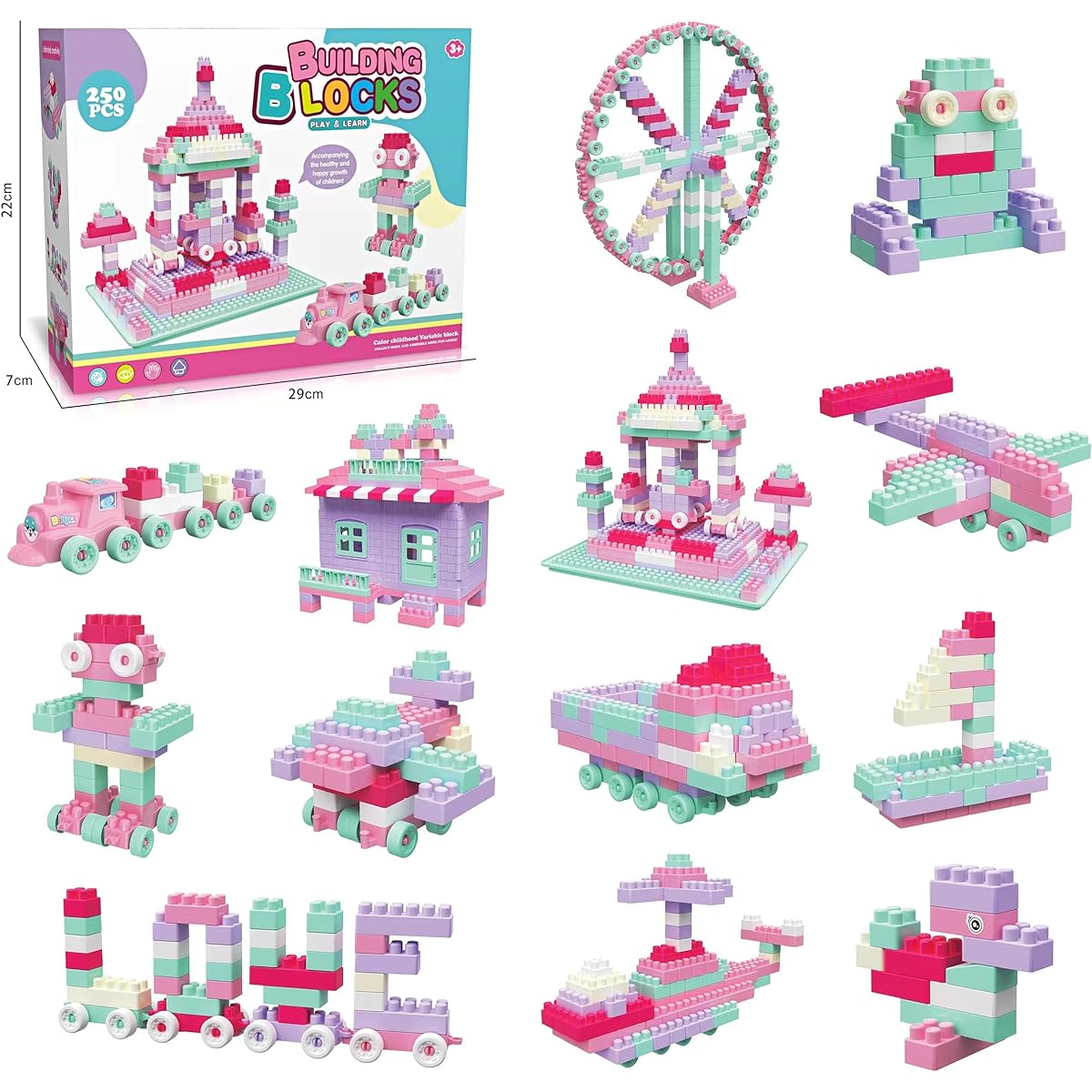 imireux Building Blocks for Kids, 250 Pieces Bulk Basic Blocks Toys, STEM Building Blocks for Preschoolers, Toddler Toy Set, Gift Set for Boys/Girls, Ages 3+ (Pink)