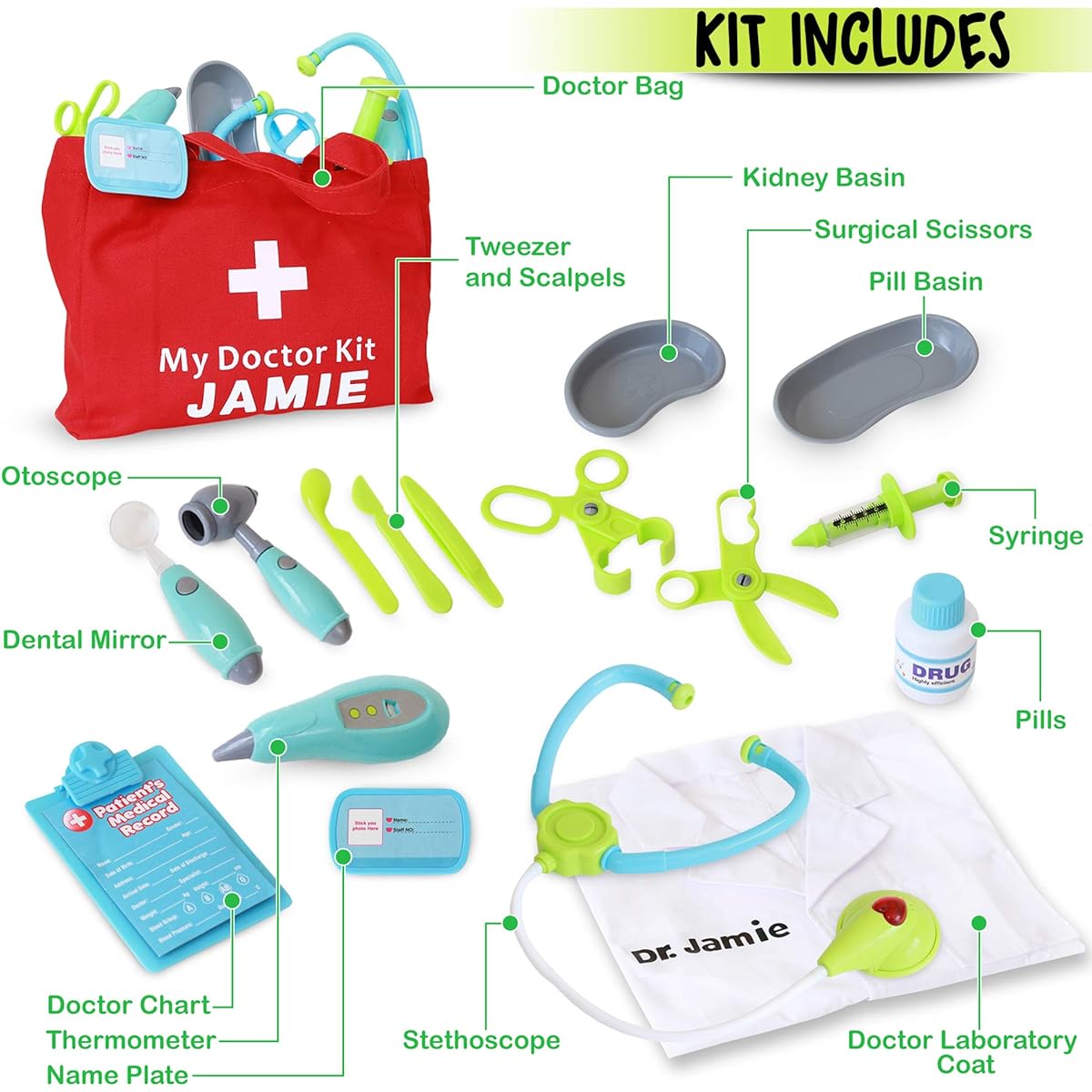19pc Pretend Play Doctor Set with customizable medical coat and bag