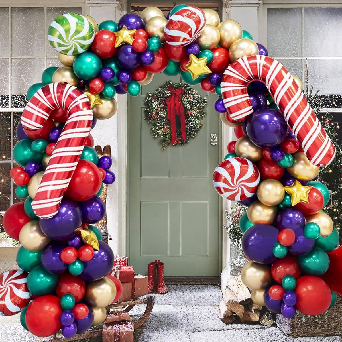 Christmas Balloon Garland Arch Kit - 26ft 156pcs Red Green Purple Gold Balloons Candy Pinwheel Star Mylar Balloons Grinch for Christmas Party Decorations