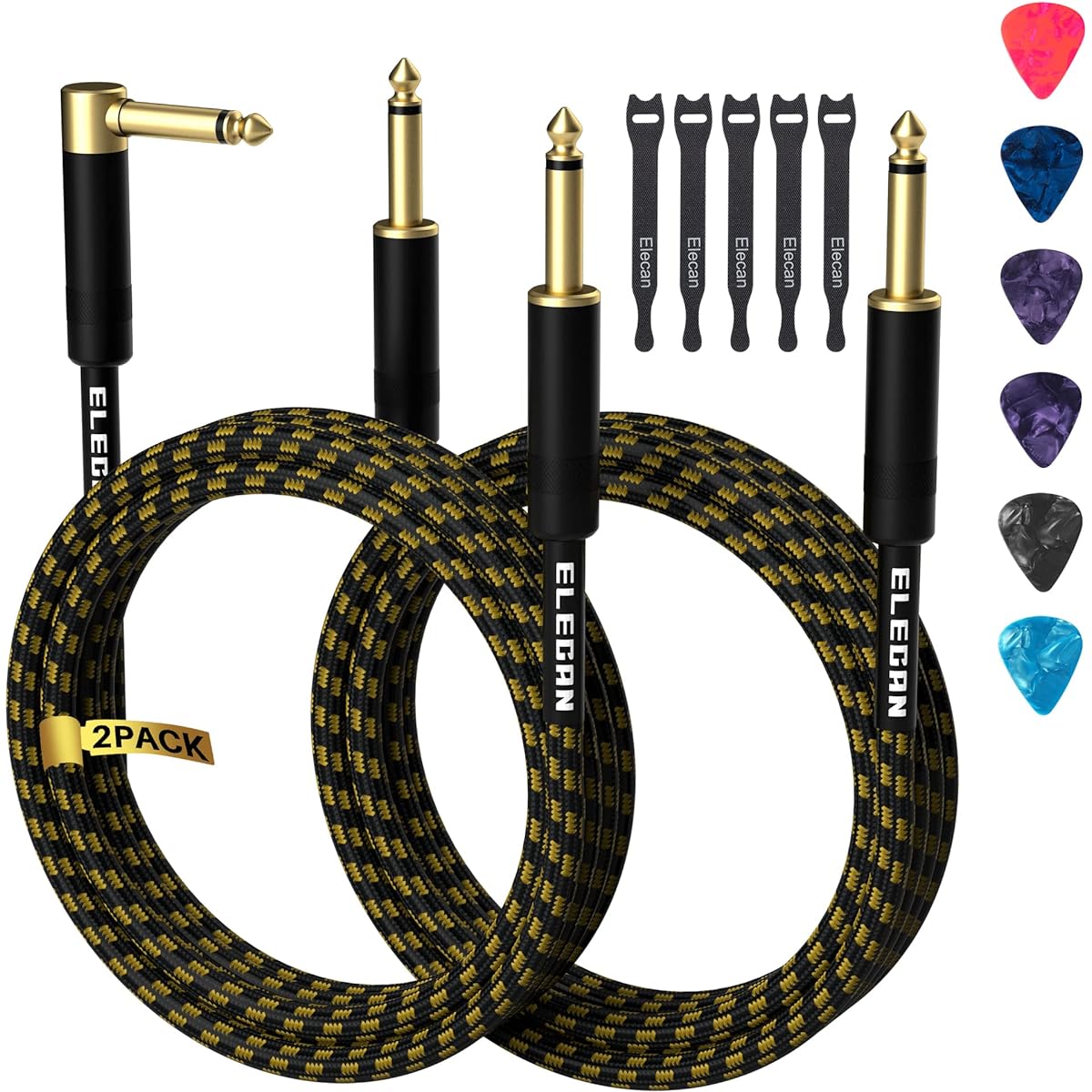 Guitar Cable 15ft/2 Pack Right Angle+Straight Instrument Cable Gold Plated Nylon Braided 90 Degree 1/4" TS Electric Bass Guitar Cord Amp Cable 6.35mm Male with 6 Guitar Picks + 5 Ties