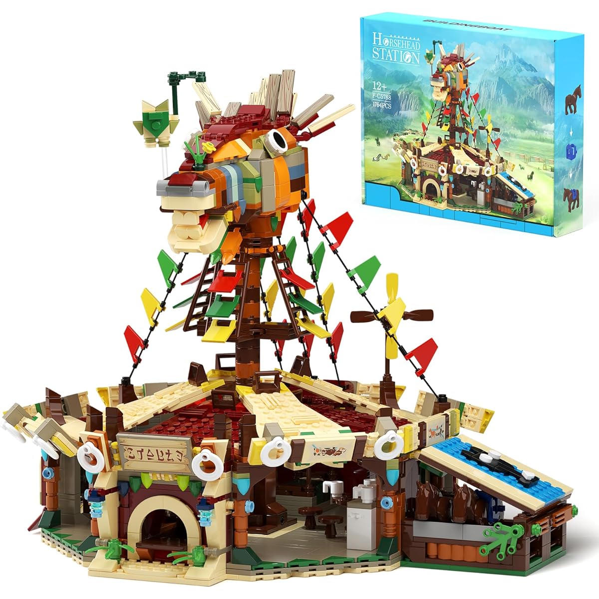 Horse Stable Building Model Kit Game Scene Hyrule Horsehead Station Yurt Tent Rooftop Building Toy Game Scene Collector Gifts Assembly Toys for Adults or Fans (1764 Pieces)