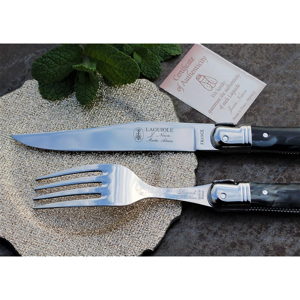 Raieur ABS handle 2.5mm dinner knife 2.0mm fork set in gift box Made in France NERON black marble style