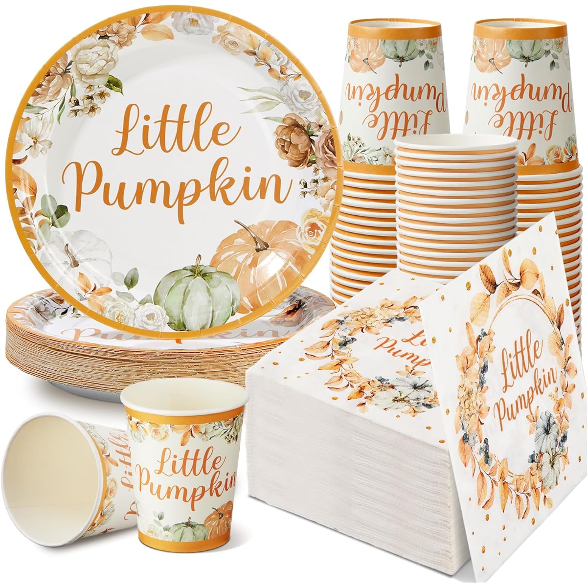 Skylety Little Pumpkin Baby Shower Party Decorations Set for 50 Guests, A Little Pumpkin Is on The Way Baby Shower, Little Pumpkin Baby Shower Plates and Cups, Boy/Girl Pumpkin Birthday Party Supplies