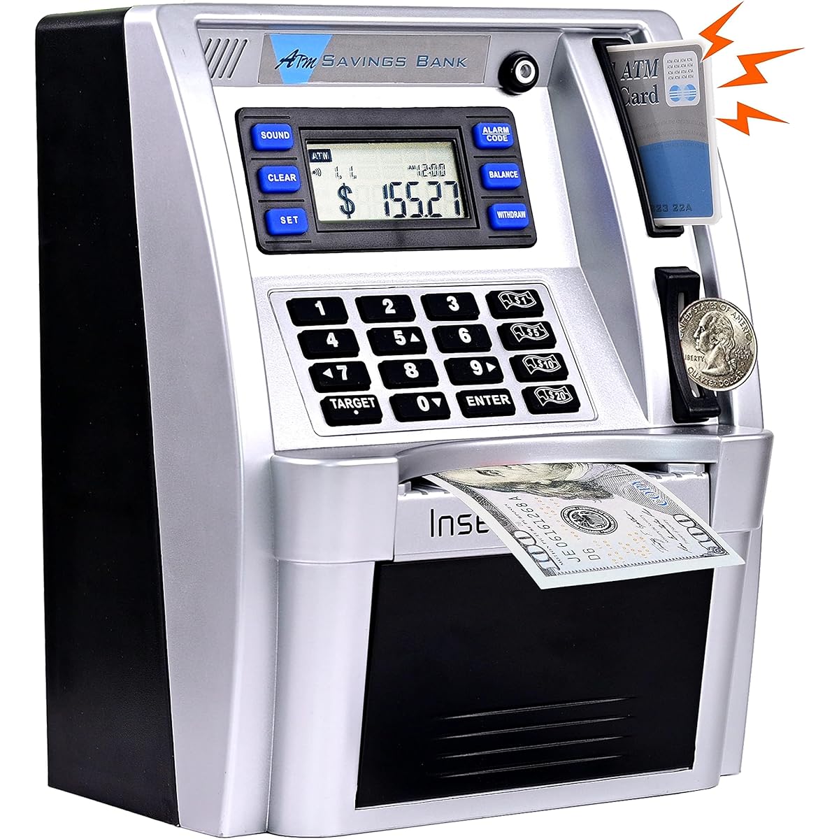 Qiekaka Upgraded ATM Piggy Bank, Talking Piggy Bank for Kids, ATM Banking Machine for Real Money Debit Cards, Balance Calculator, Digital Electronic Savings Safe, Silver/Black for Teen Boys Girls