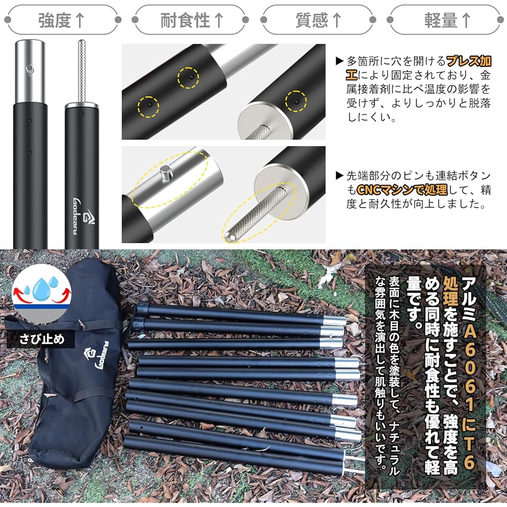 GODEARU Tarp Pole [28mm/33mm/33mm Telescoping] Set of 2 Tent Pole Aluminum Pole Camping Pole Made of A6061 Aluminum Split Type 5 Section Connection Push Button Type Easy to Assemble Compact Lightweight For Setting Up Tent/Tarp Camping Gear Touring/Campin