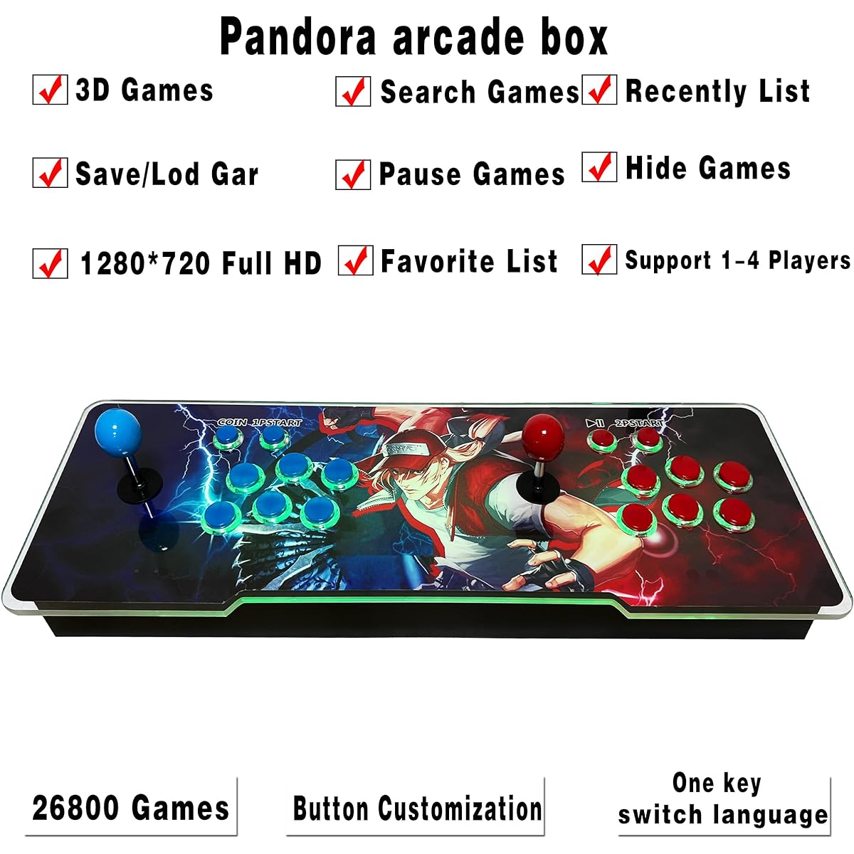 Aksozamg [26800 Game in 1] Arcade Game Console Pandora Plus HDMI VGA USB Output Retro Game Machine 1280X720 HD Display Double Joystick 1-4 Players Favorite List Best Gift for Kids and Adults