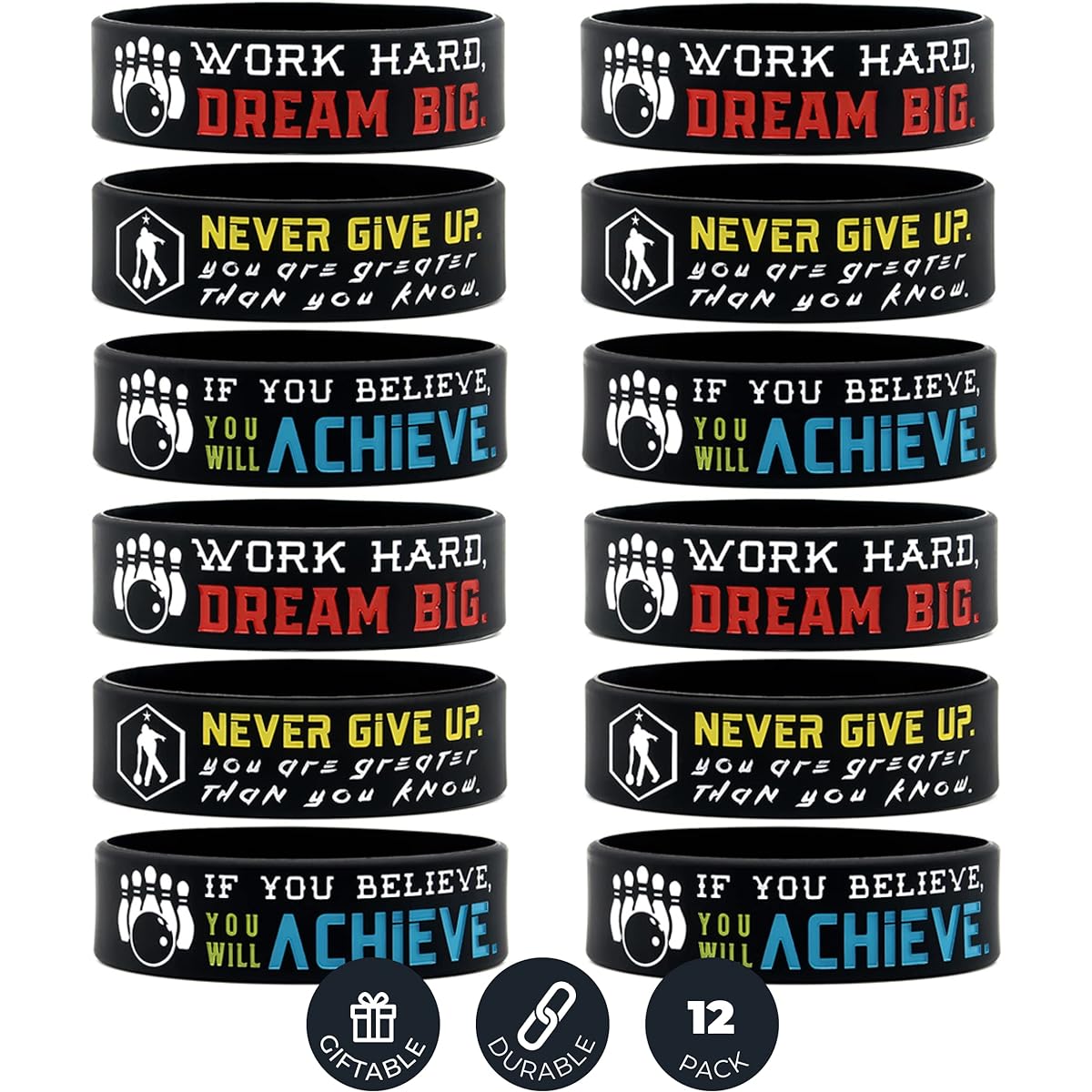 Inkstone Bowling Wristbands | (12 Pack) Sports Inspirational Never Give Up, You Are Greater Than You Know | Flexible | Gift for Team, Friends, Family, 12 Count (Pack of 1), Elastic