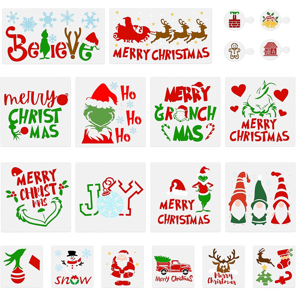 C1krint 20pcs Large Christmas Stencils, Reusable Wood Painting Stencils, Make Your Own Merry Christmas Believe Gnome Snow Wood Signs, Large Holiday Stencils for Wood Signs, Windows, Art DIY Crafts