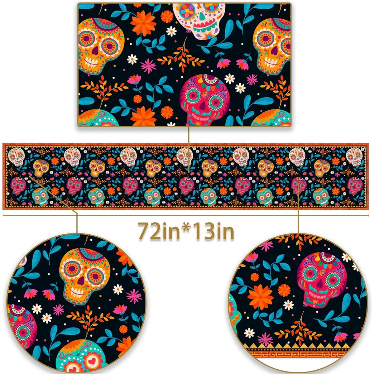 Pudodo Day of the Dead Table Runner Dia De Los Muertos Sugar Skull Mexican Holiday Party Kitchen Dining Room Home Table Decorations (13" x 72")