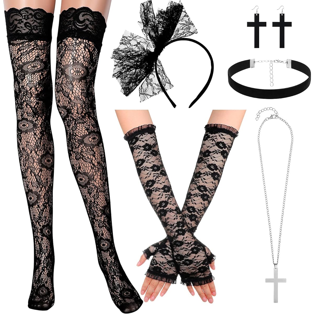 Costume Cosplay 80s Fancy Dress Costume Accessories Set Lace Headband Gloves Thigh Length Stockings Earrings Pendant Necklace Flannel Choker Necklace 80s Party Halloween, Black, Medium