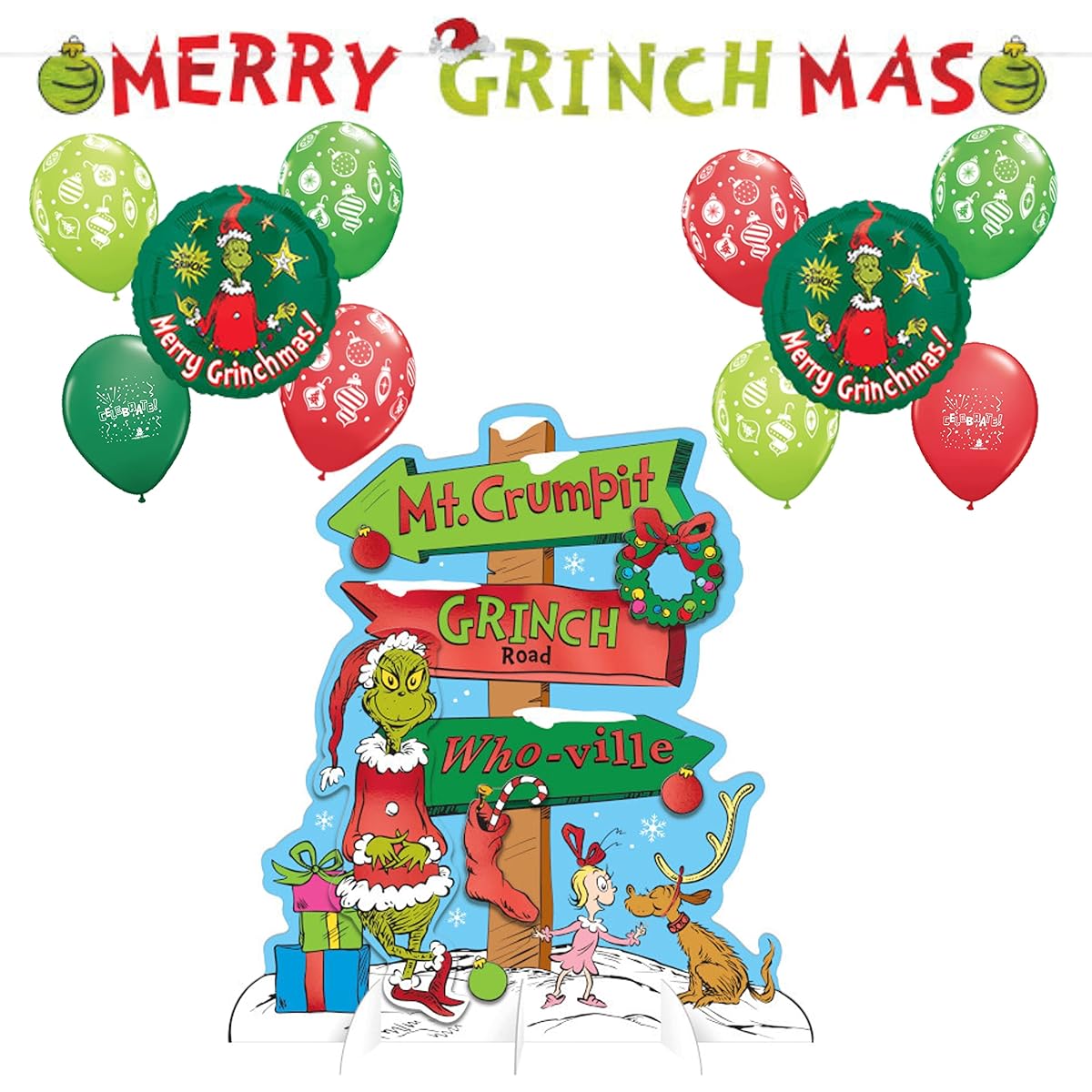 Grinchmas Grinch Whibble Christmas Decorations - Set of Merry Grinchmas Sign, Grinch Table Decor and Balloons