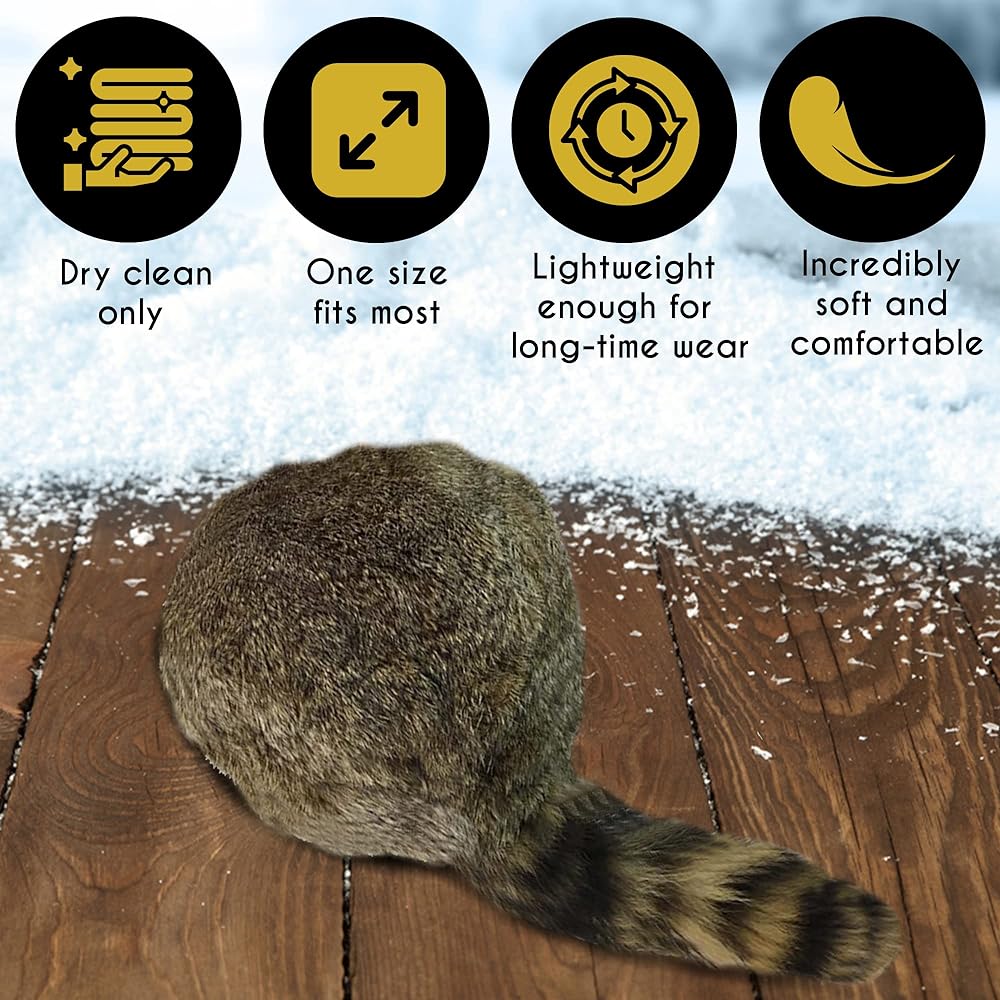 Surell Coonskin Davy Crockett Hat - Rabbit Fur Crown - Raccoon Tail Hat - Brown Free Size