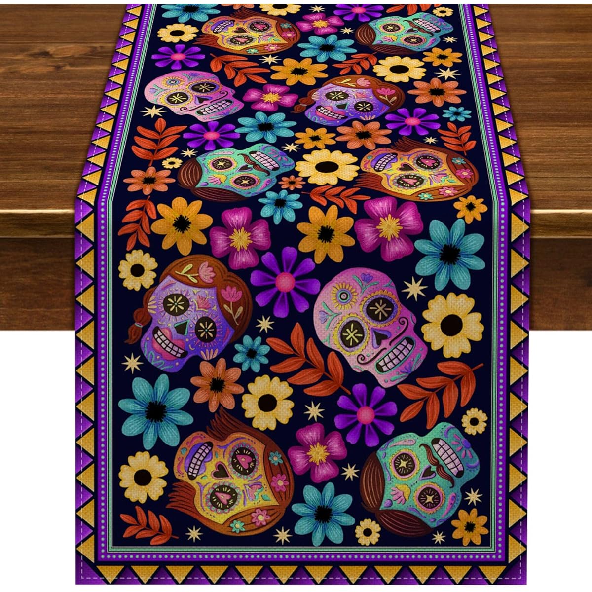 Nepnuser Day of the Dead Table Runner Sugar Skull Floral Decor Halloween Mexicandia Los Muertos Decoration Kitchen Dining Room Home Decor
