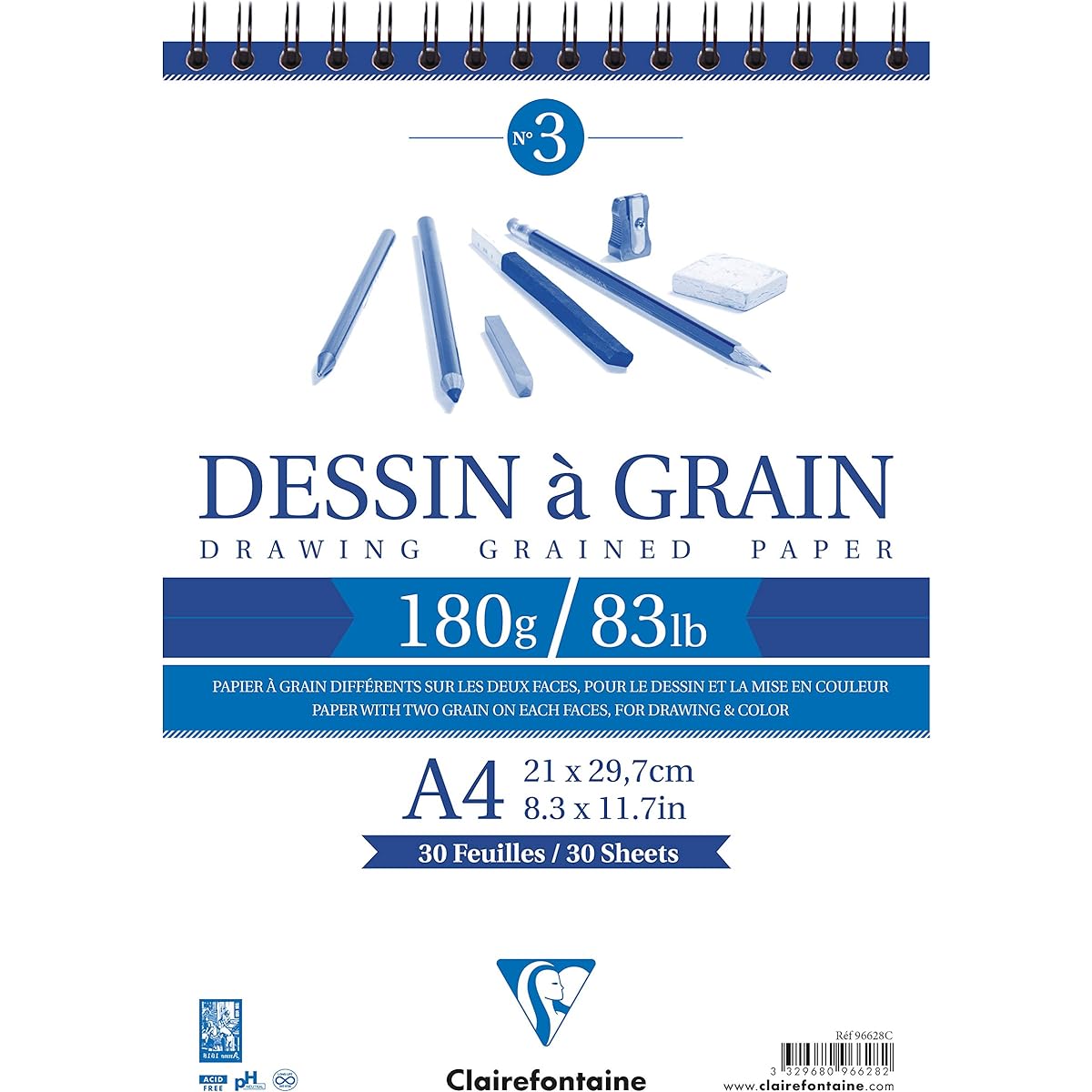 Clairefontaine - Ref 96628C - White Grain Drawing Wirebound Paper Pad (30 Sheets) - A4 Size 180gsm Paper White & Grain Drawing Paper Acid Free pH Neutral