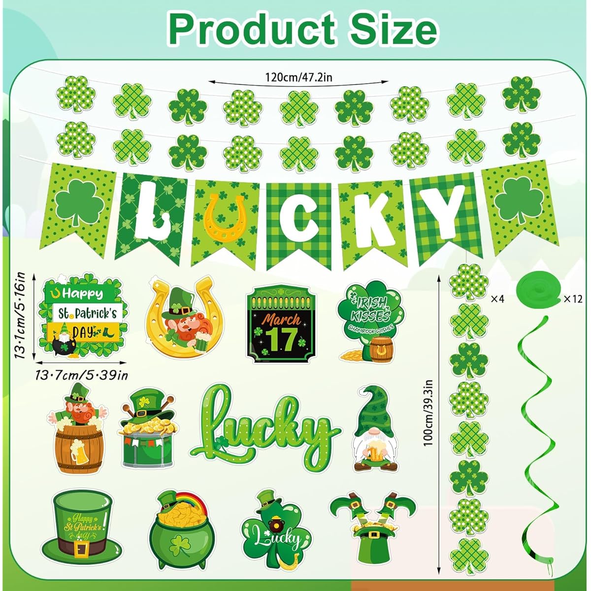 Wiooffen 31pcs St. Patrick's Day Decorations Shamrock Hanging Swirls Pre-assembled Clover Banner Garland Kit Lucky Irish Hanging Streamers St. Patrick Party Supplies Home Ceiling Wall Decor