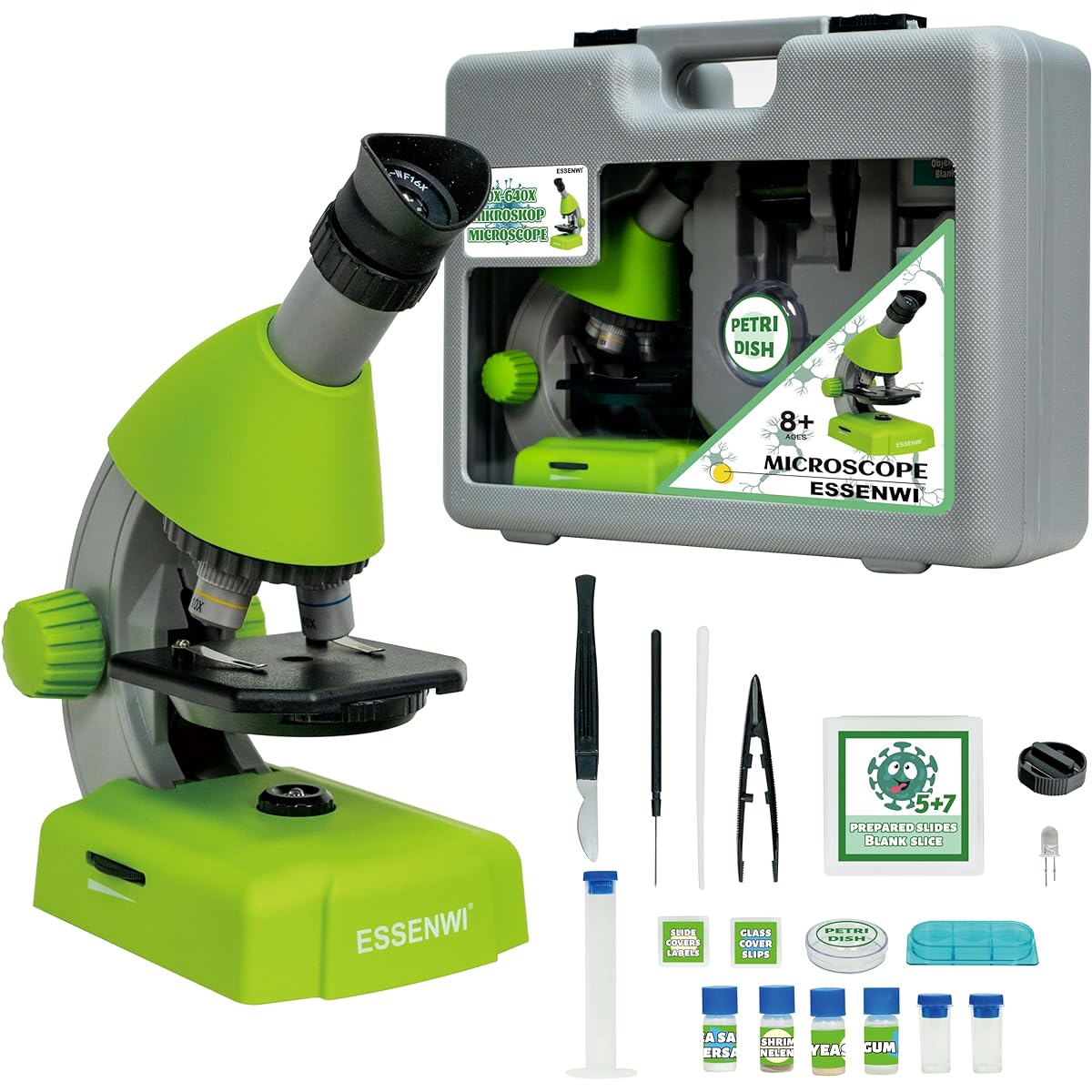 ESSENWI Children's Microscope Set - Up to 40X~640x STEM Kit with All Tools and Carry Microscope Case for Students