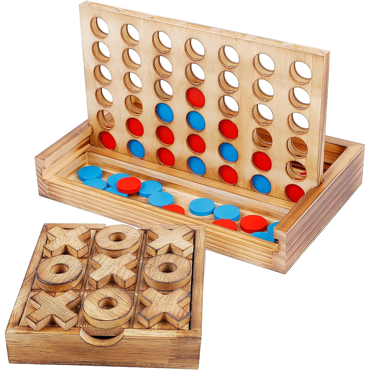 Glintoper Tic Tac Toe & 4 in a Row Table Game Set - Rustic Decorative Wooden Strategy Board Game for the Family