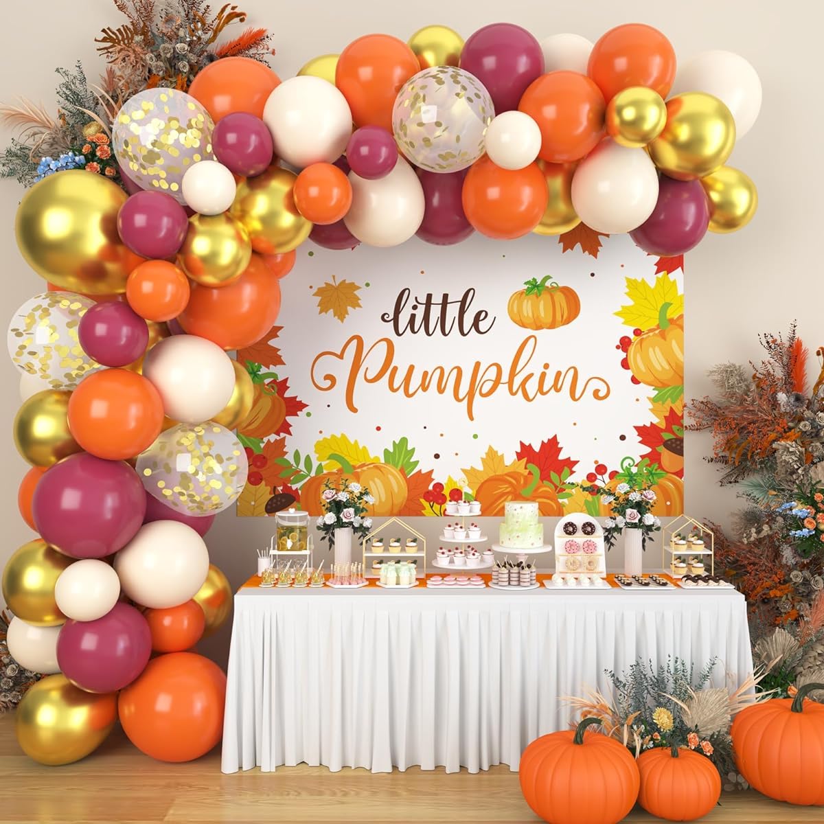 Small Pumpkin Balloon Garland Backdrop Kit, Fall Pumpkin Theme Baby Shower Birthday Photo Background Party Cake Dessert Table Thanksgiving Decoration Supplies