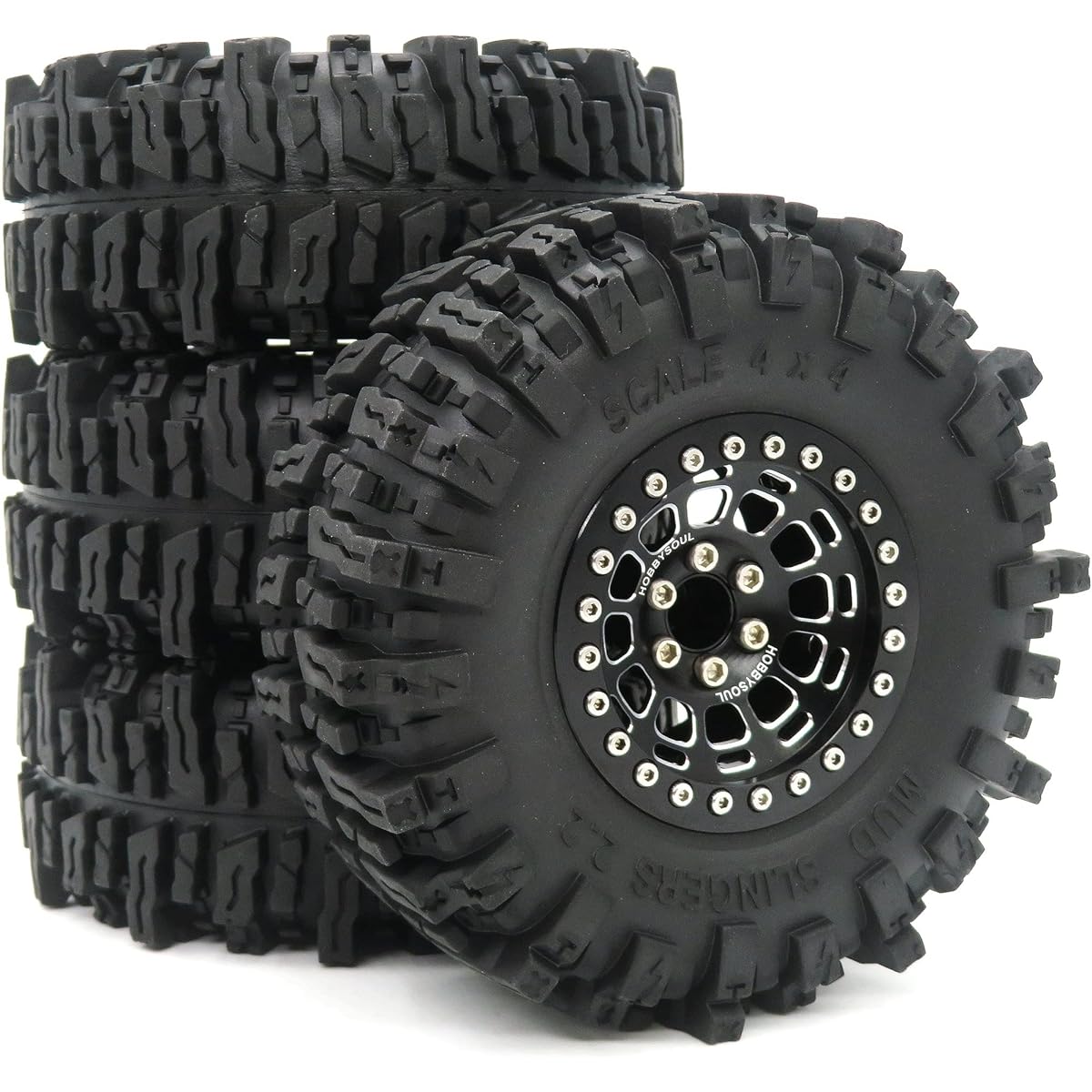 HOBBYSOUL 2.2 Mud Slinger Tires 124mm & 2.2 Beadlock Wheels Black 2.2 Tires and Wheels 12mm Hex Rims for Axial Capra Wraith/Traxxas TRX4 / Gen8 Everest Gen 7 Pro (4 Pack, Pre-Assembled)