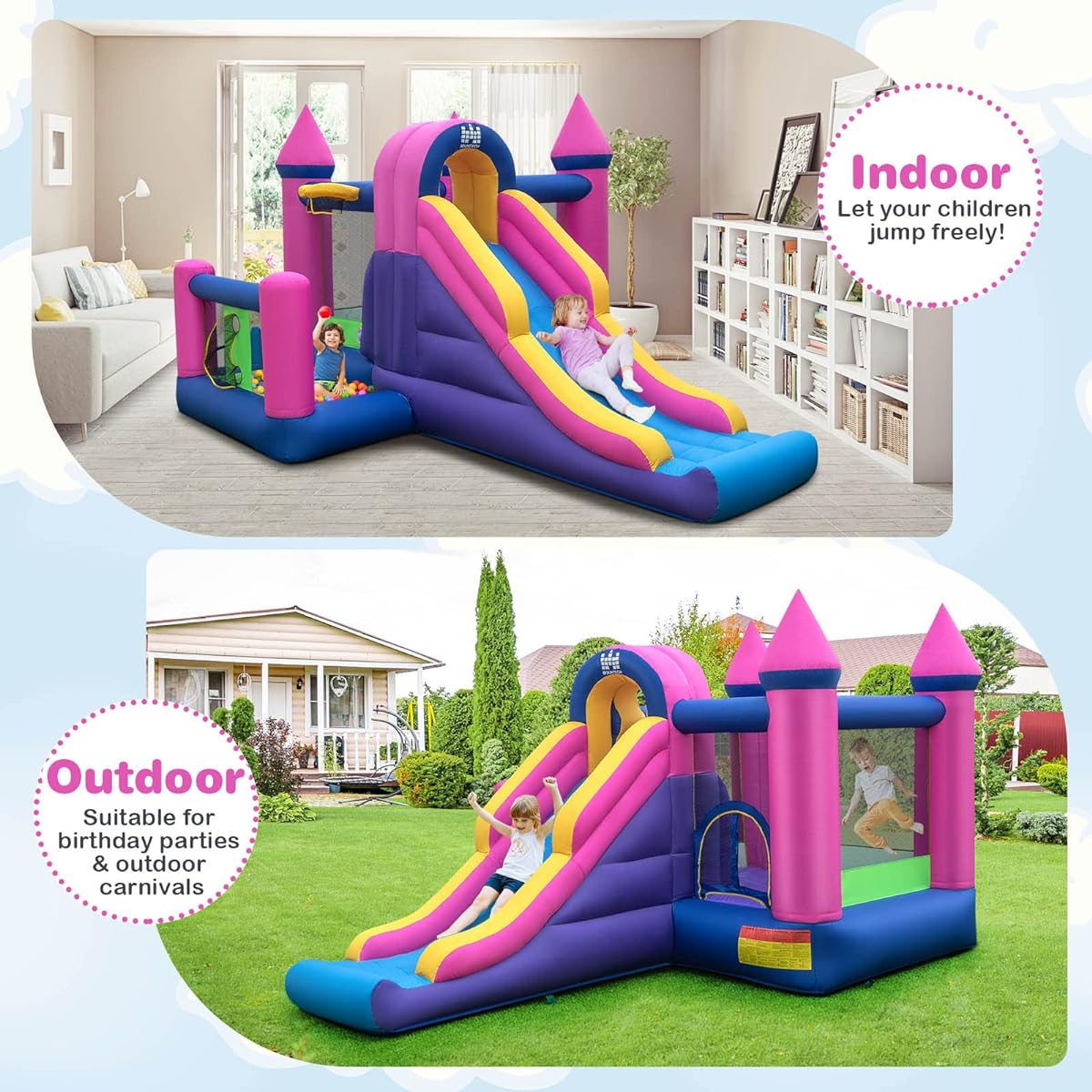 BOUNTECH Inflatable Bounce House Bouncy House with Slide & Ball Pit for Kids Indoor Outdoor Backyard Party with 735W Blower, Toddler Bounce House with Blower, Boys Girls Birthday Gift